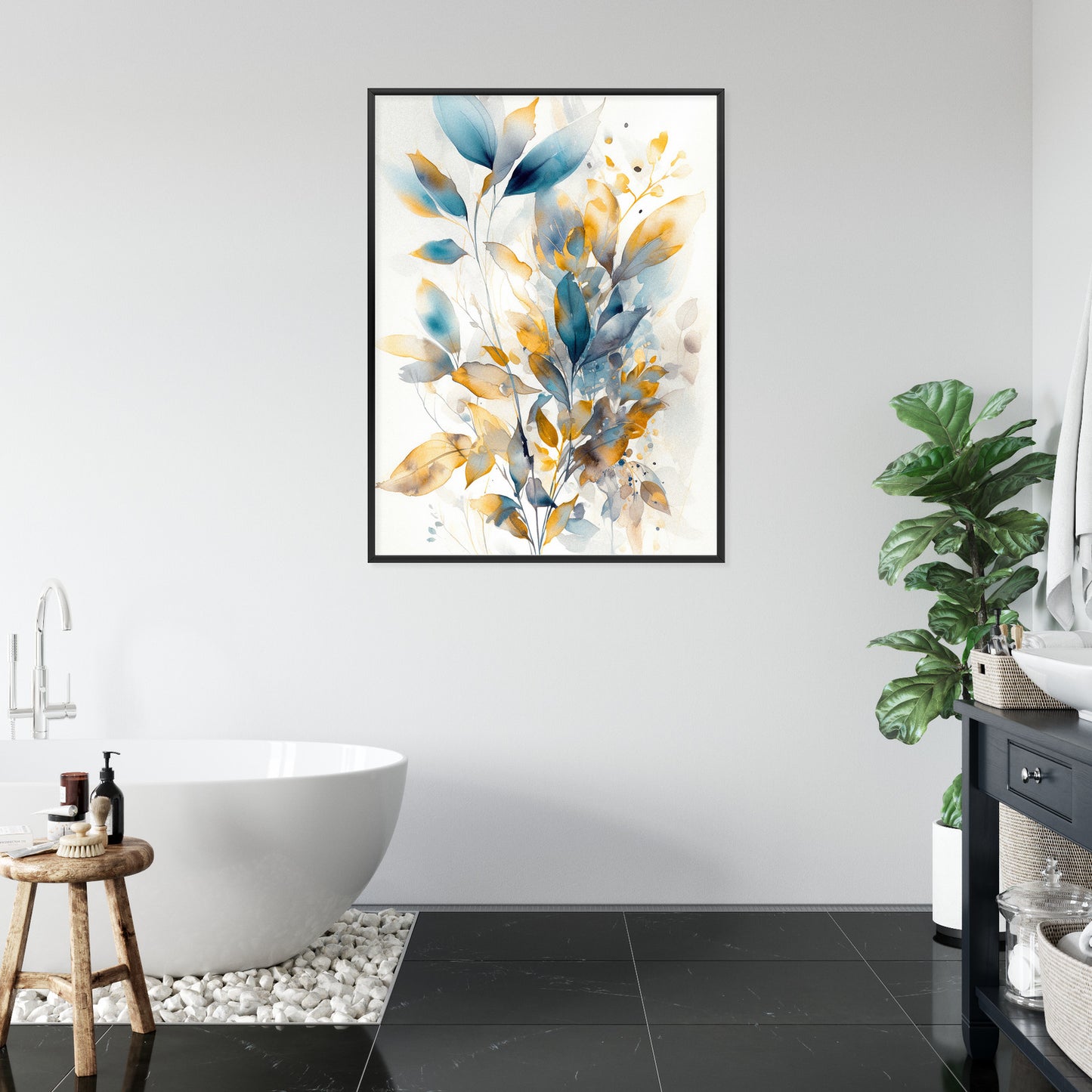 Poster Wunderschöne Transparente Goldblaue Blätter Rahmen Holz Mit Passepartout Farbe Natürlich