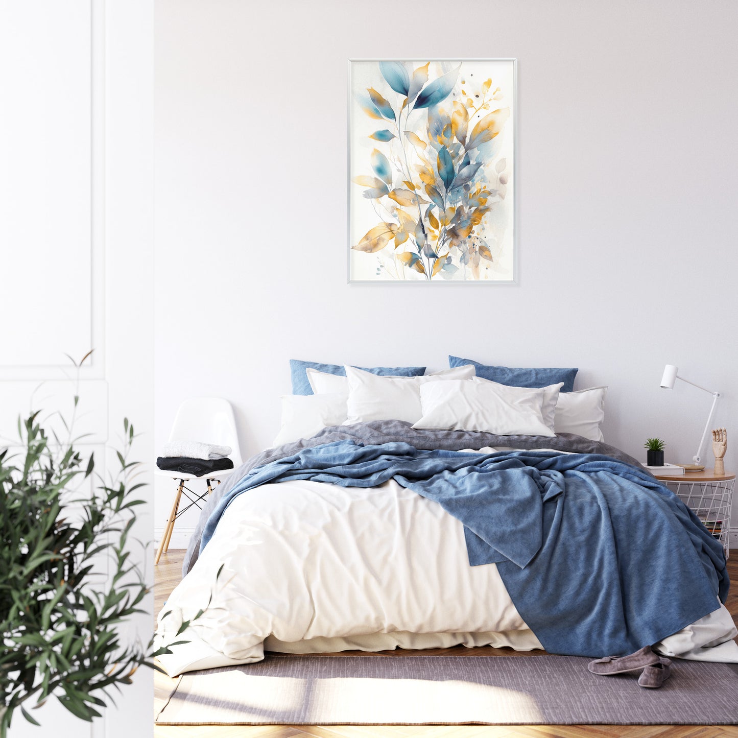 Poster Wunderschöne Transparente Goldblaue Blätter Rahmen Holz Mit Passepartout Farbe Natürlich