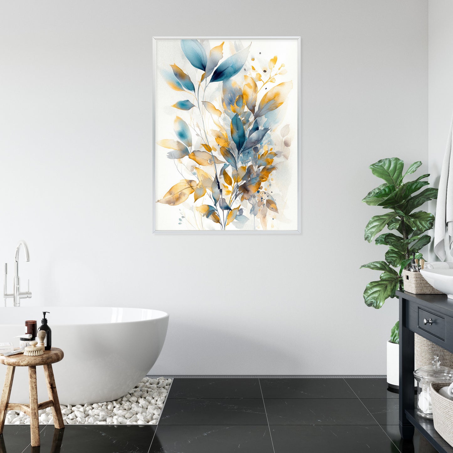 Poster Wunderschöne Transparente Goldblaue Blätter Rahmen Holz Mit Passepartout Farbe Natürlich