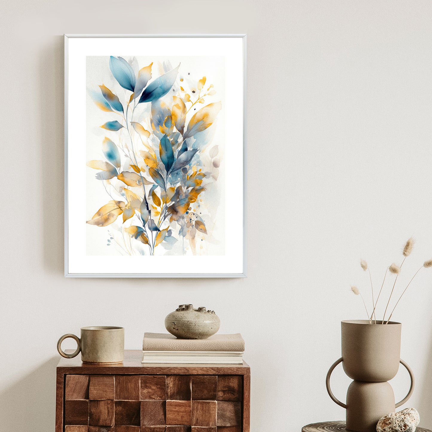 Poster Wunderschöne Transparente Goldblaue Blätter Rahmen Holz Mit Passepartout Farbe Natürlich