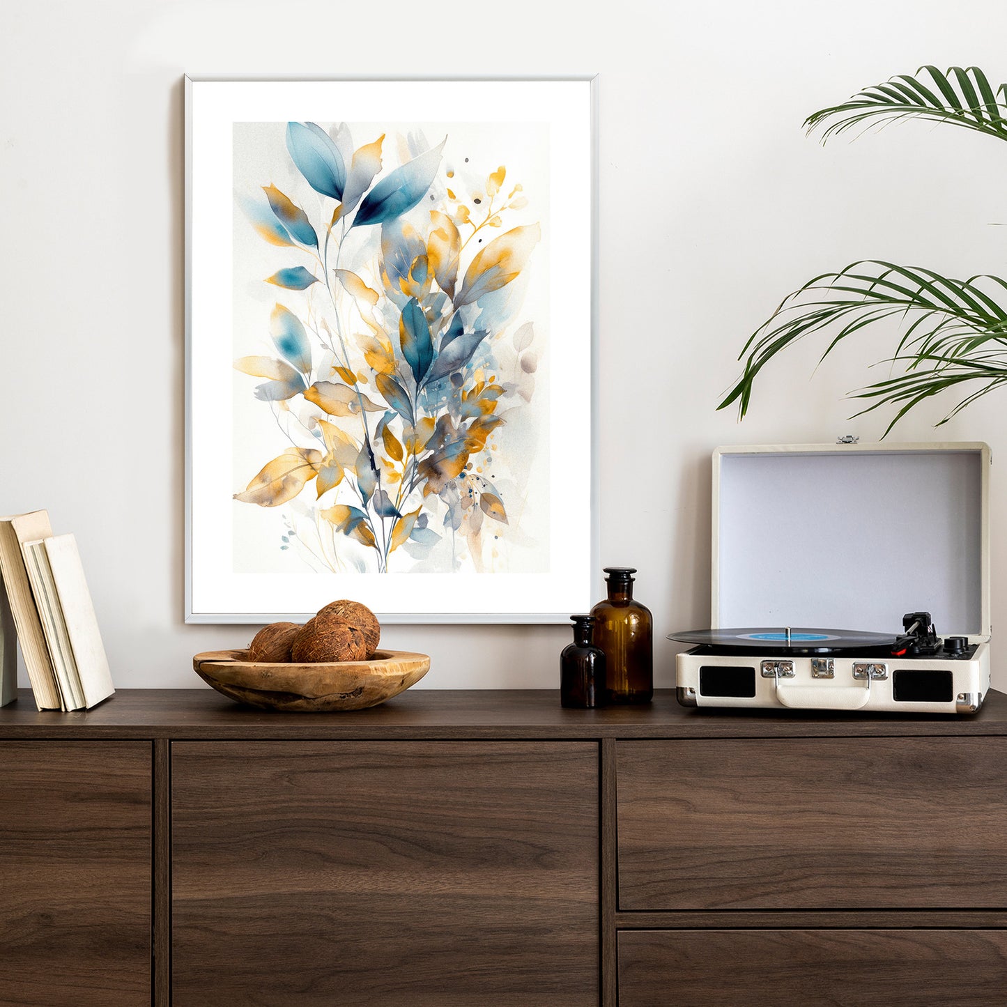 Poster Wunderschöne Transparente Goldblaue Blätter Rahmen Holz Mit Passepartout Farbe Natürlich