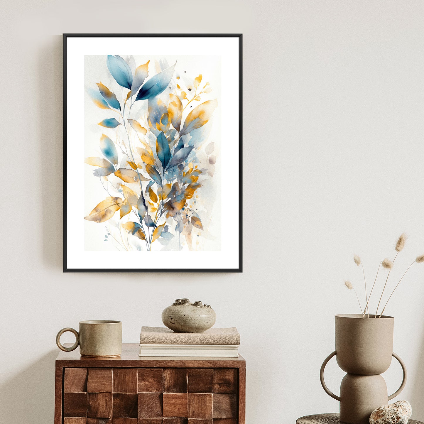 Poster Wunderschöne Transparente Goldblaue Blätter Rahmen Holz Mit Passepartout Farbe Natürlich