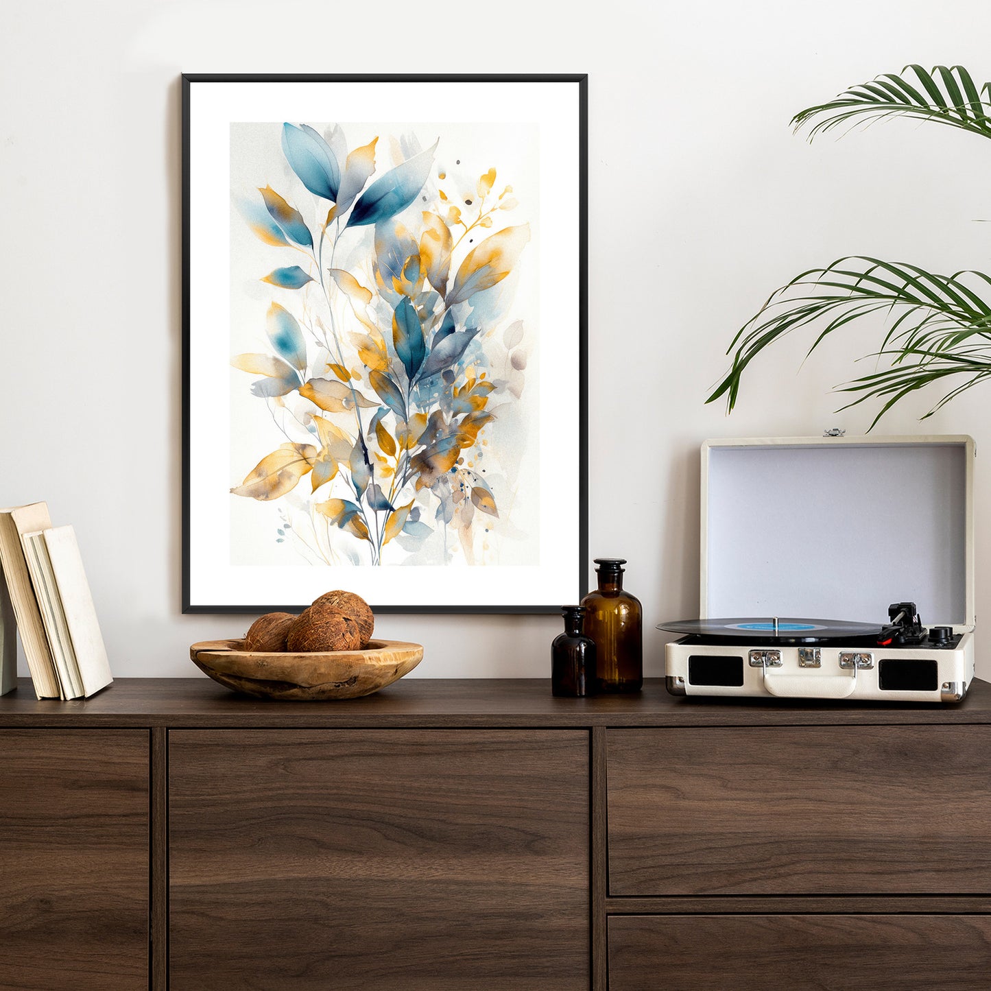 Poster Wunderschöne Transparente Goldblaue Blätter Rahmen Holz Mit Passepartout Farbe Natürlich