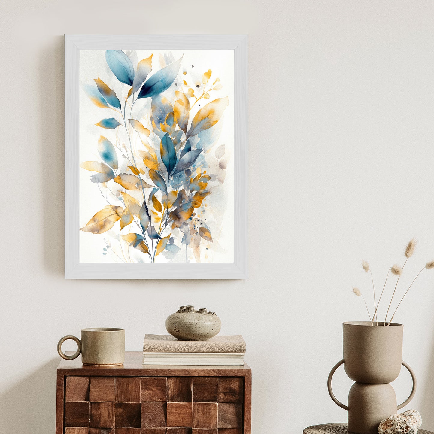 Poster Wunderschöne Transparente Goldblaue Blätter Rahmen Holz Mit Passepartout Farbe Natürlich