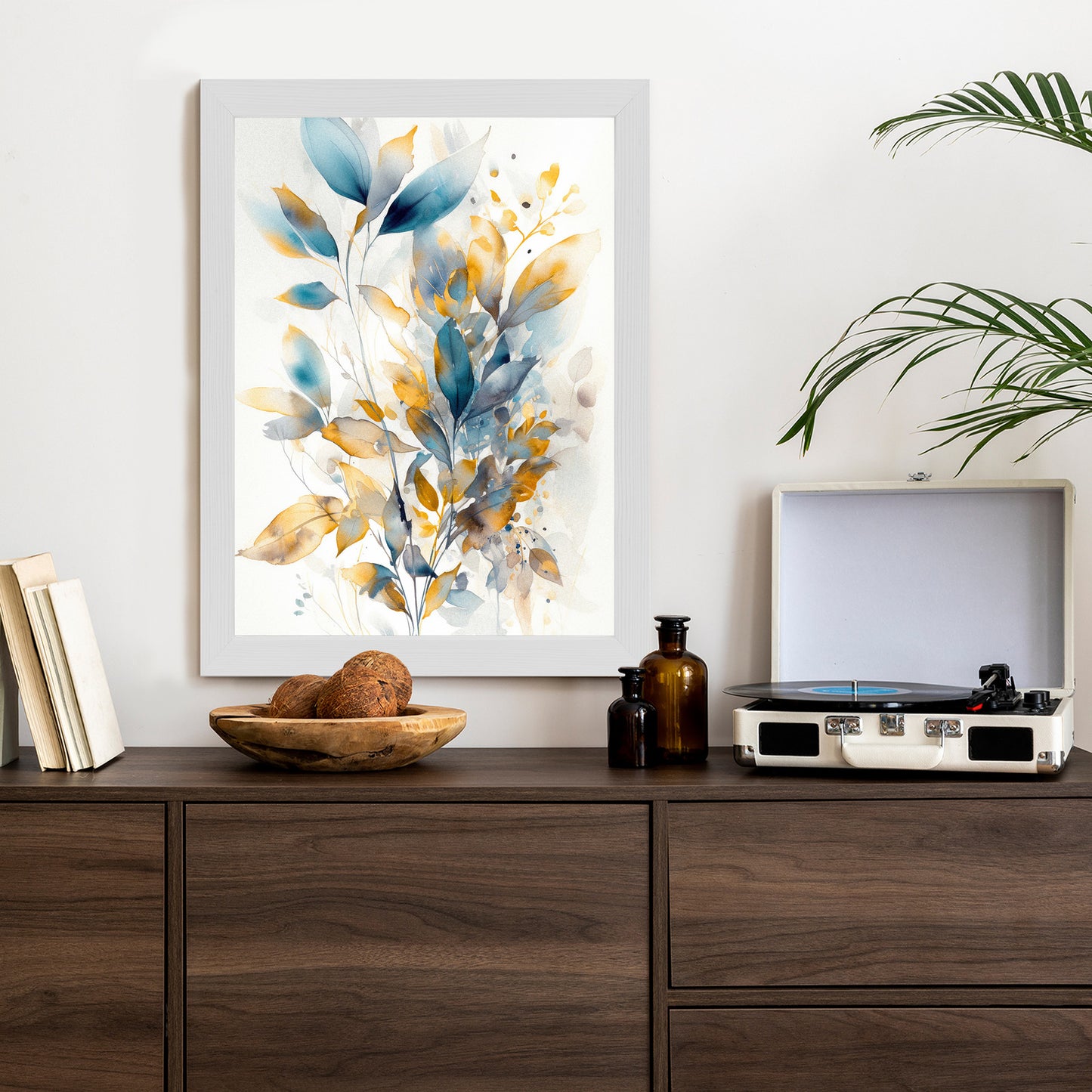 Poster Wunderschöne Transparente Goldblaue Blätter Rahmen Holz Mit Passepartout Farbe Natürlich