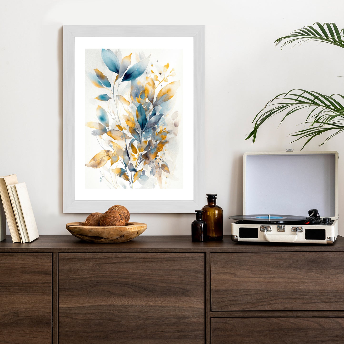 Poster Wunderschöne Transparente Goldblaue Blätter Rahmen Holz Mit Passepartout Farbe Natürlich