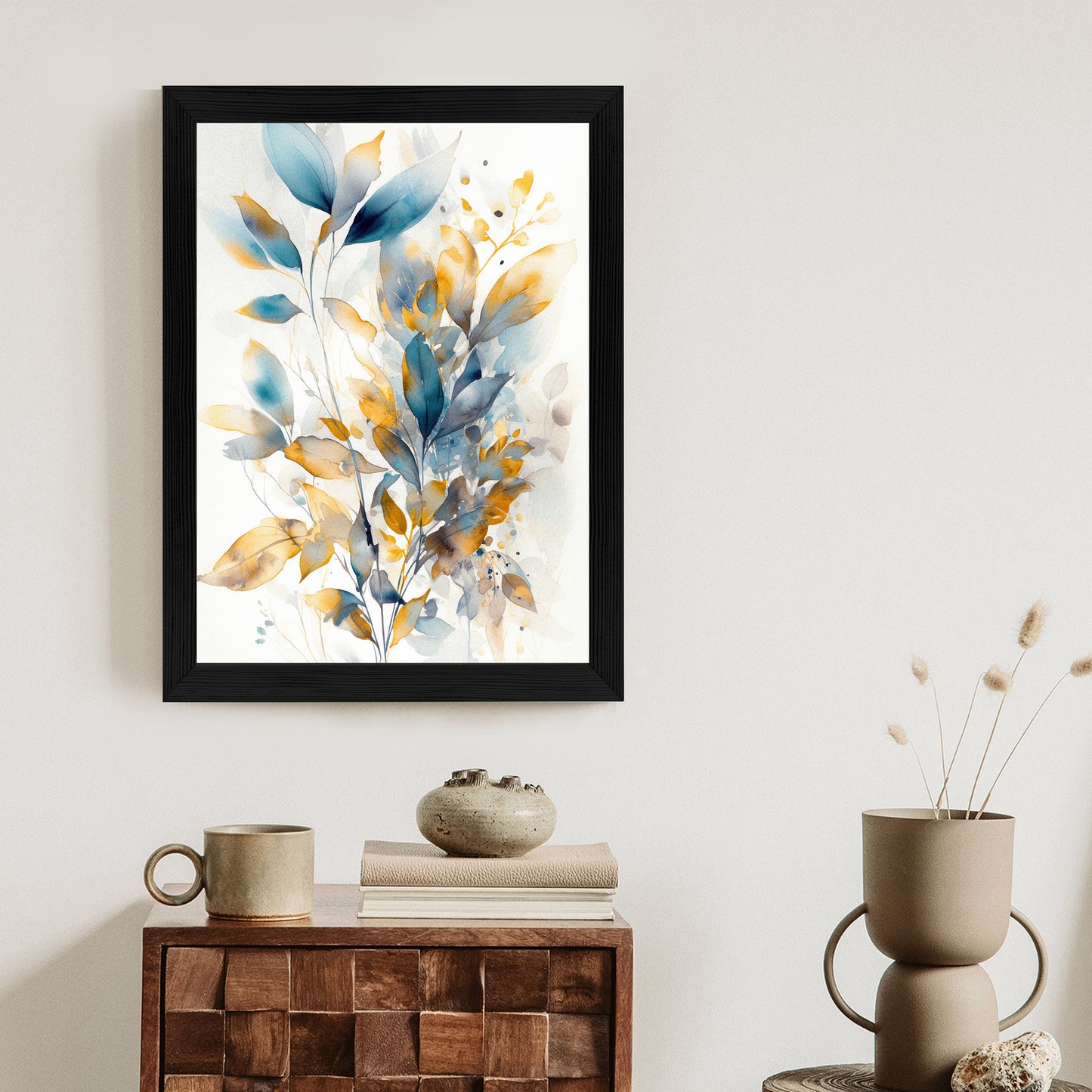 Poster Wunderschöne Transparente Goldblaue Blätter Rahmen Holz Mit Passepartout Farbe Natürlich