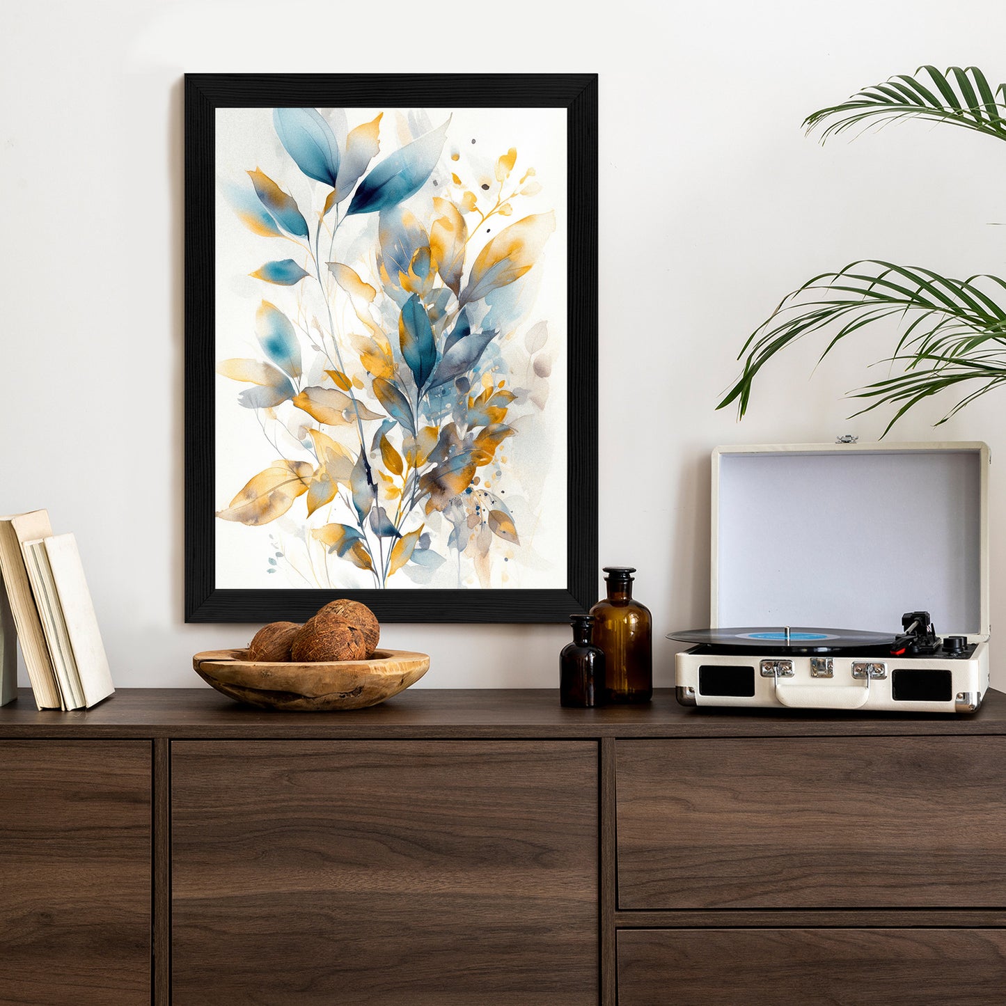 Poster Wunderschöne Transparente Goldblaue Blätter Rahmen Holz Mit Passepartout Farbe Natürlich