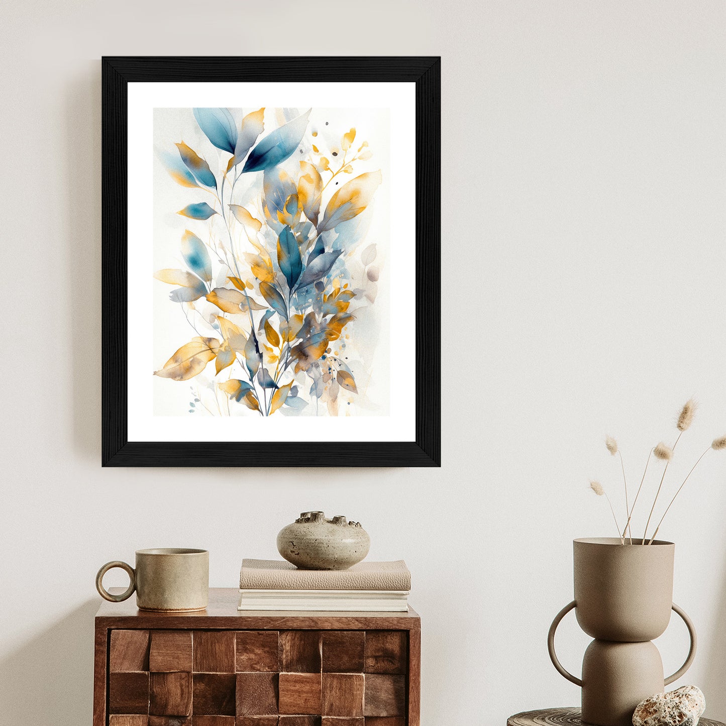 Poster Wunderschöne Transparente Goldblaue Blätter Rahmen Holz Mit Passepartout Farbe Natürlich