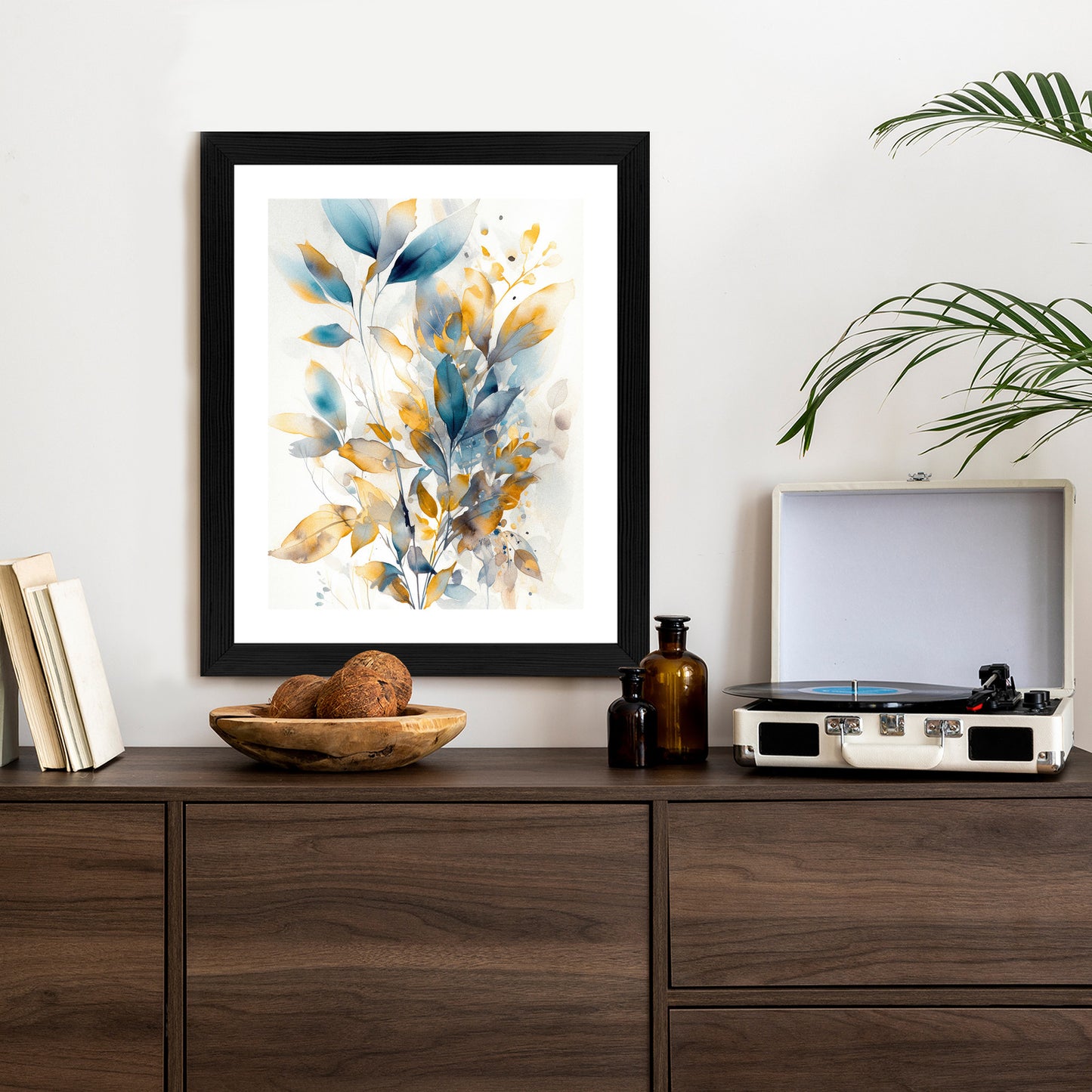 Poster Wunderschöne Transparente Goldblaue Blätter Rahmen Holz Mit Passepartout Farbe Natürlich