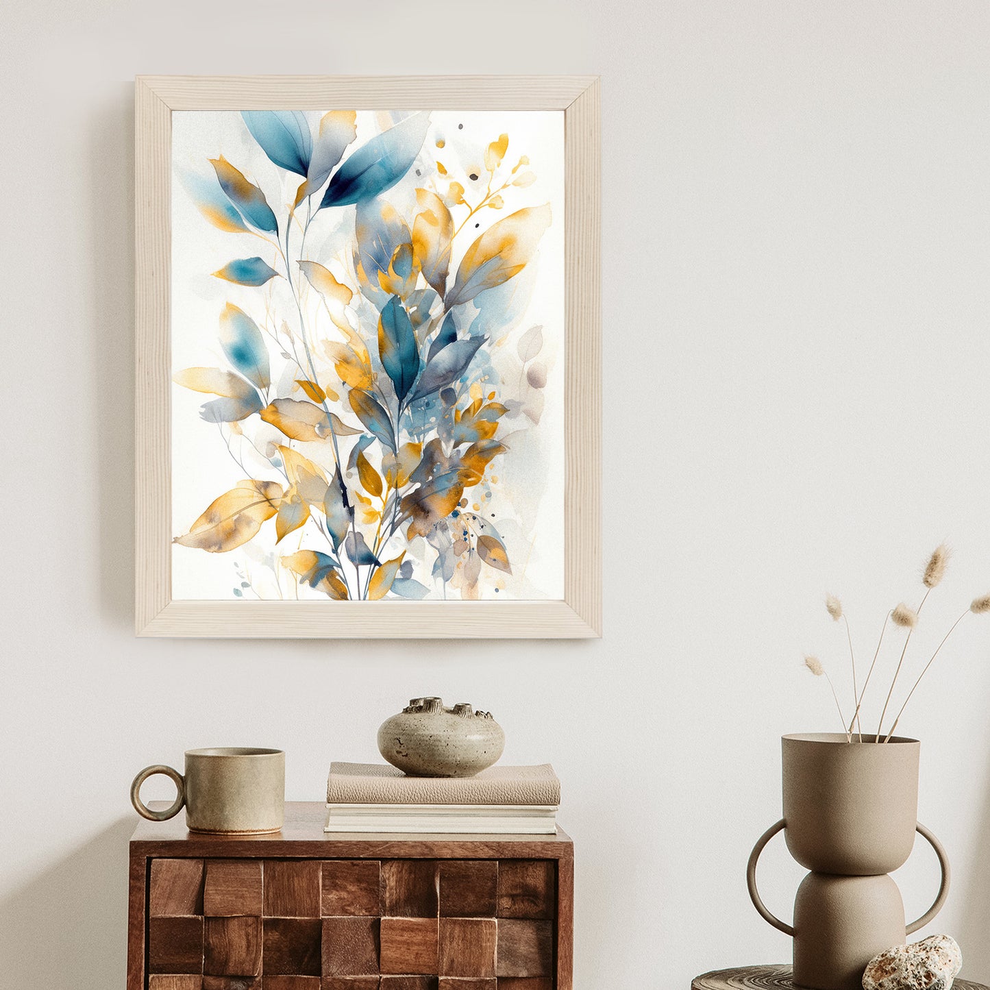 Poster Wunderschöne Transparente Goldblaue Blätter Rahmen Holz Mit Passepartout Farbe Natürlich