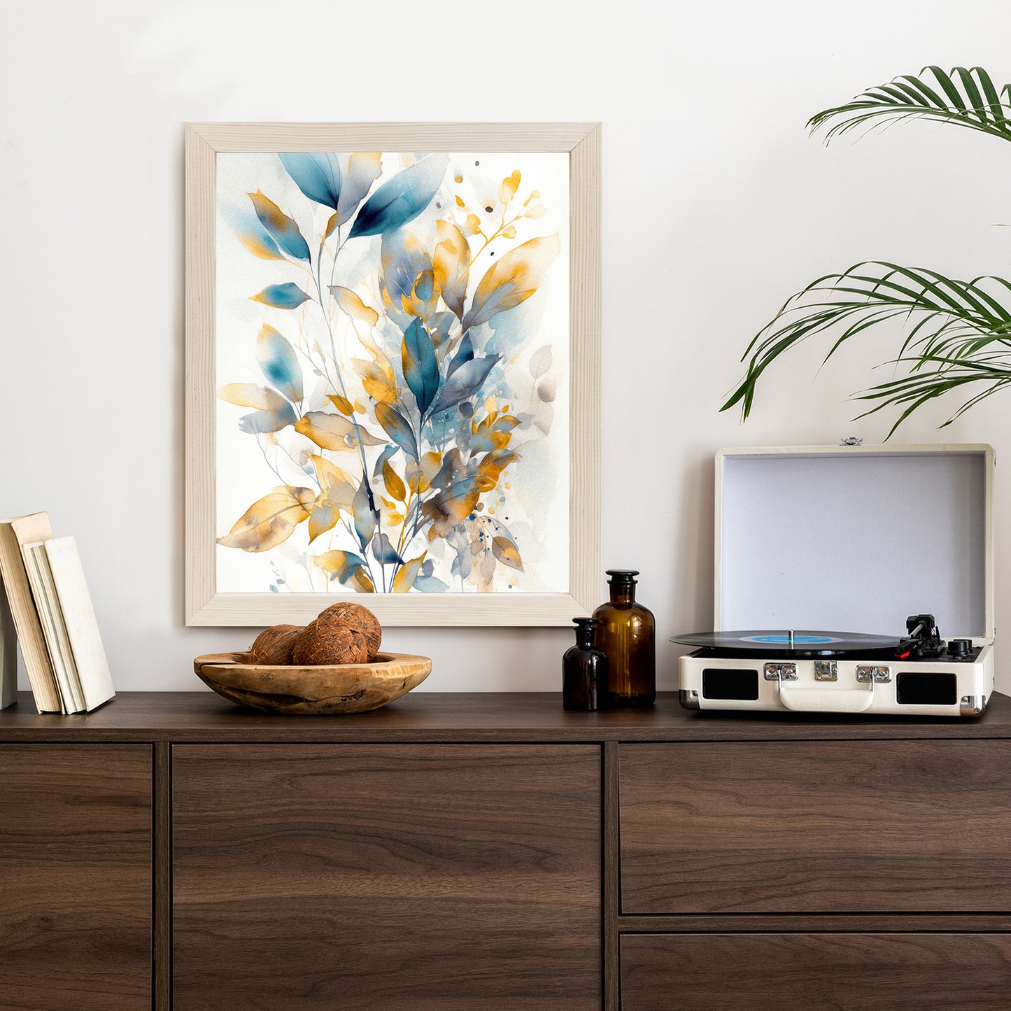 Poster Wunderschöne Transparente Goldblaue Blätter Rahmen Holz Mit Passepartout Farbe Natürlich