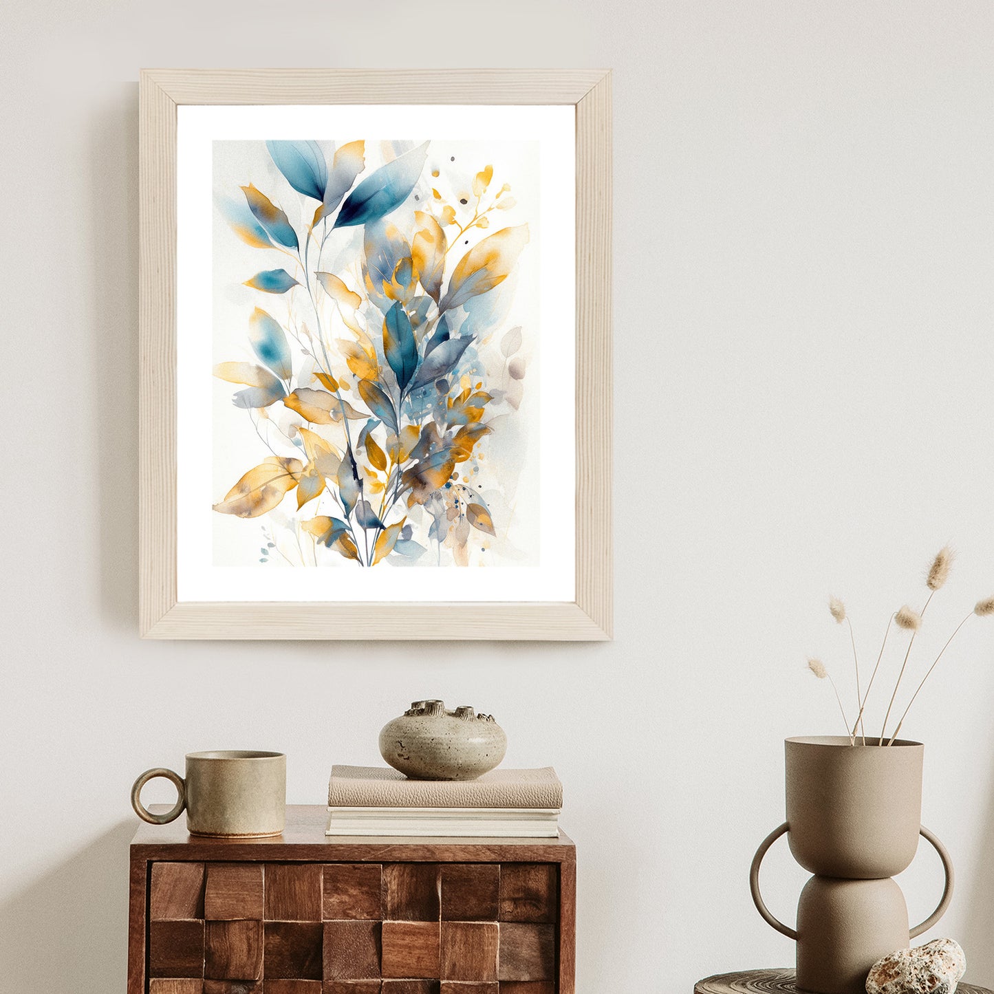 Poster Wunderschöne Transparente Goldblaue Blätter Rahmen Holz Mit Passepartout Farbe Natürlich