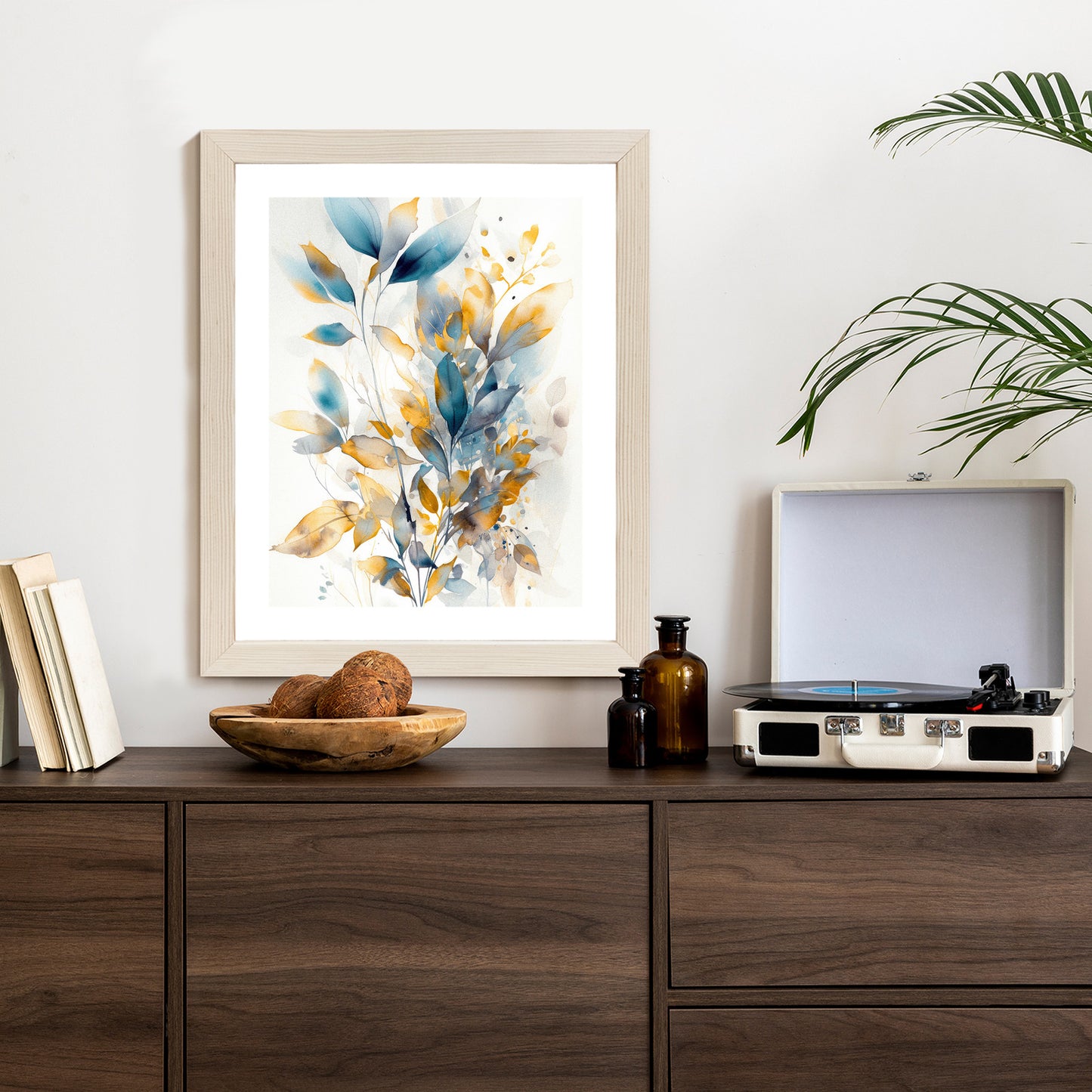 Poster Wunderschöne Transparente Goldblaue Blätter Rahmen Holz Mit Passepartout Farbe Natürlich