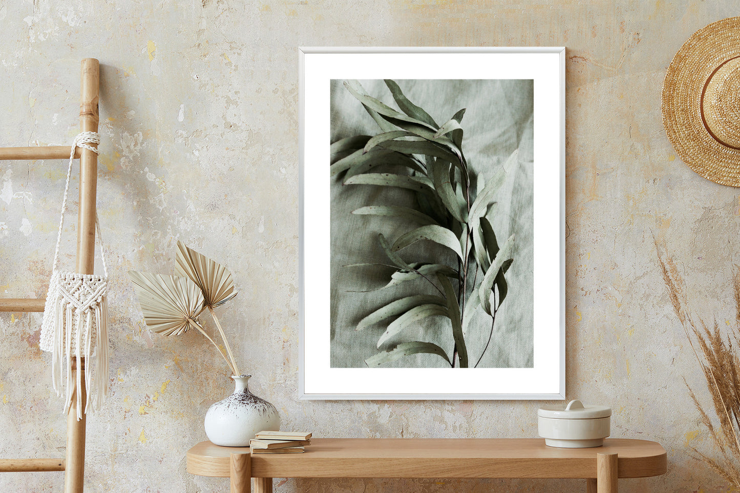 Poster Grüner Zweig Mit Trockenem Eukalyptus Rahmen Holz Mit Passepartout Farbe Natürlich