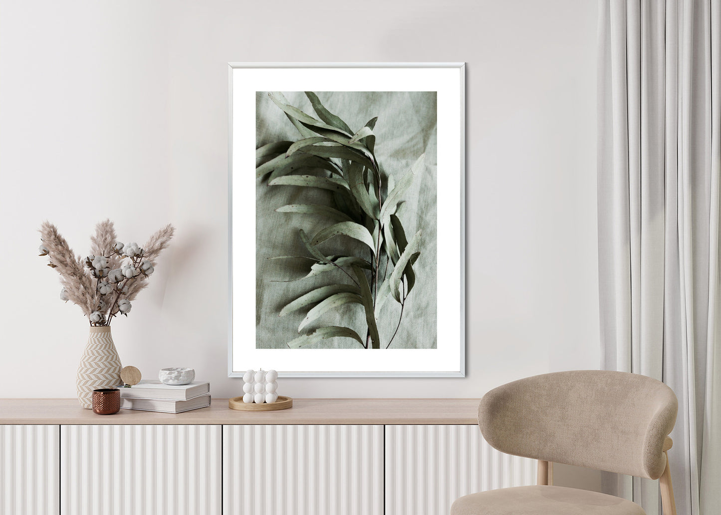 Poster Grüner Zweig Mit Trockenem Eukalyptus Rahmen Holz Mit Passepartout Farbe Natürlich