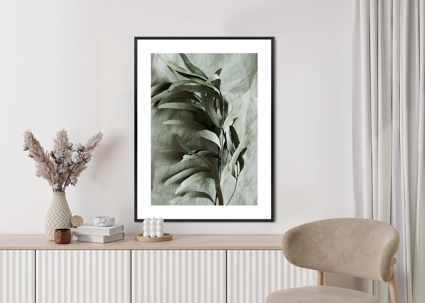 Poster Grüner Zweig Mit Trockenem Eukalyptus Rahmen Holz Mit Passepartout Farbe Natürlich