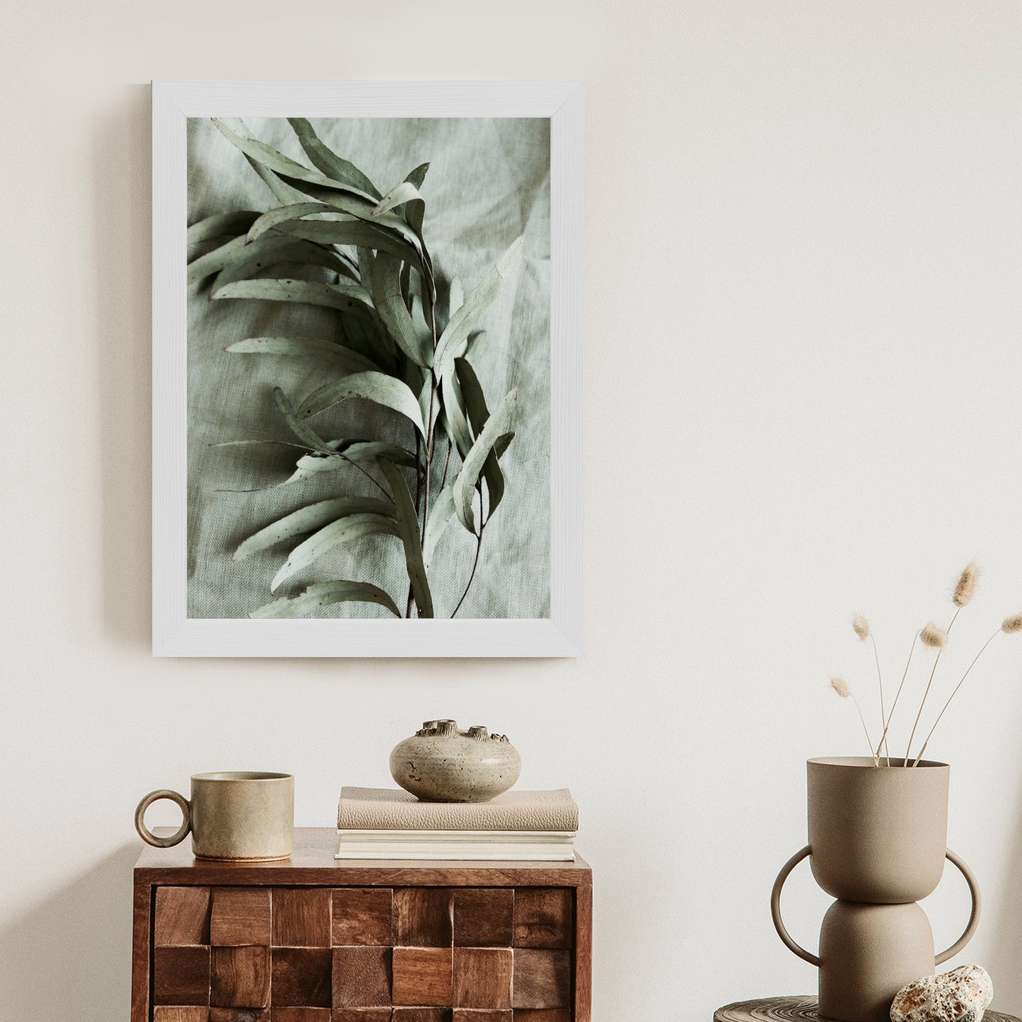 Poster Grüner Zweig Mit Trockenem Eukalyptus Rahmen Holz Mit Passepartout Farbe Natürlich
