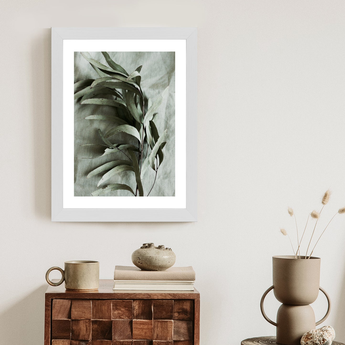 Poster Grüner Zweig Mit Trockenem Eukalyptus Rahmen Holz Mit Passepartout Farbe Natürlich