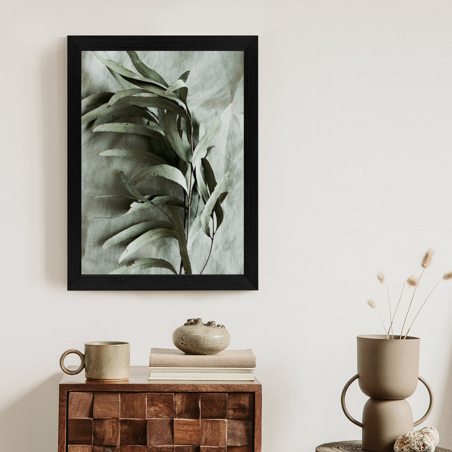 Poster Grüner Zweig Mit Trockenem Eukalyptus Rahmen Holz Mit Passepartout Farbe Natürlich