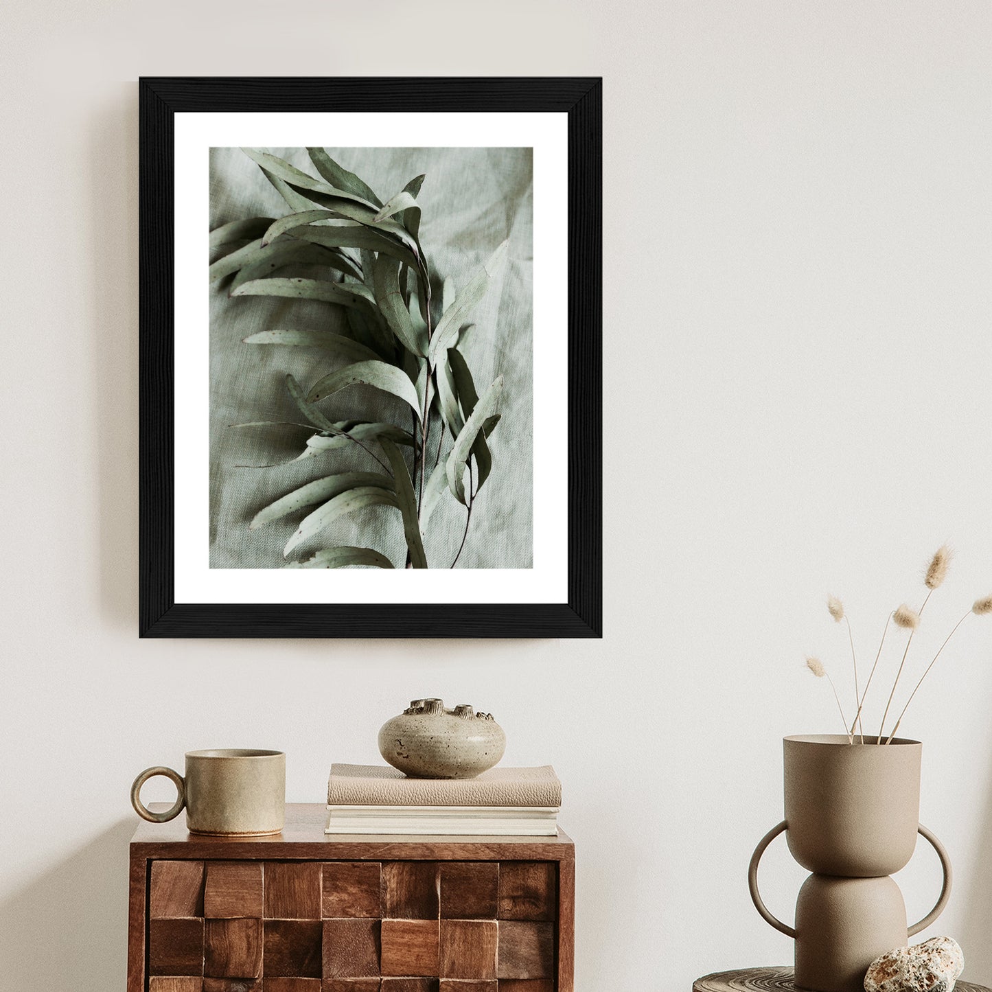 Poster Grüner Zweig Mit Trockenem Eukalyptus Rahmen Holz Mit Passepartout Farbe Natürlich