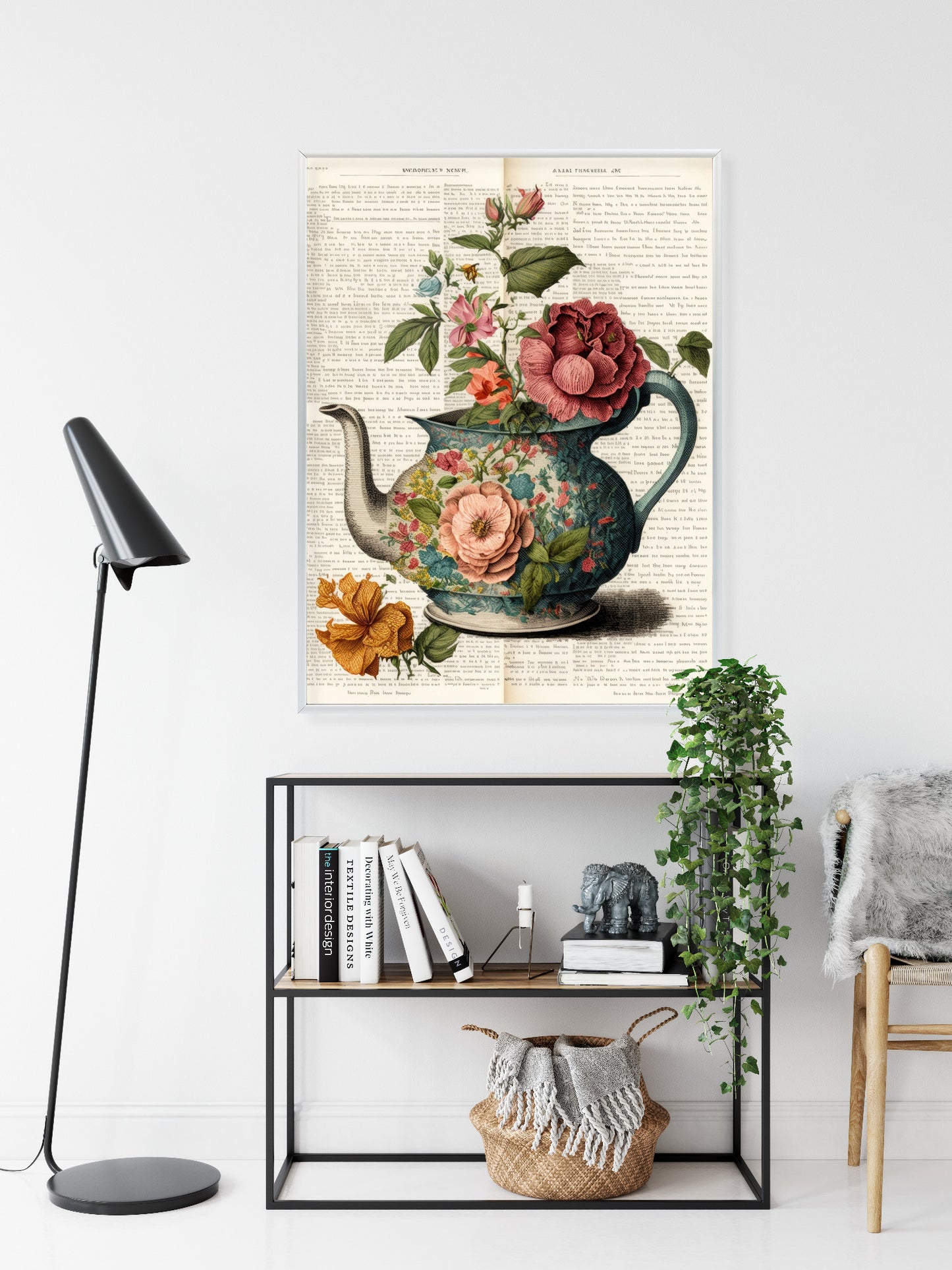 Poster Wasserkocher Mit Blumen Und Alter Zeitung Rahmen Holz Mit Passepartout Farbe Natürlich