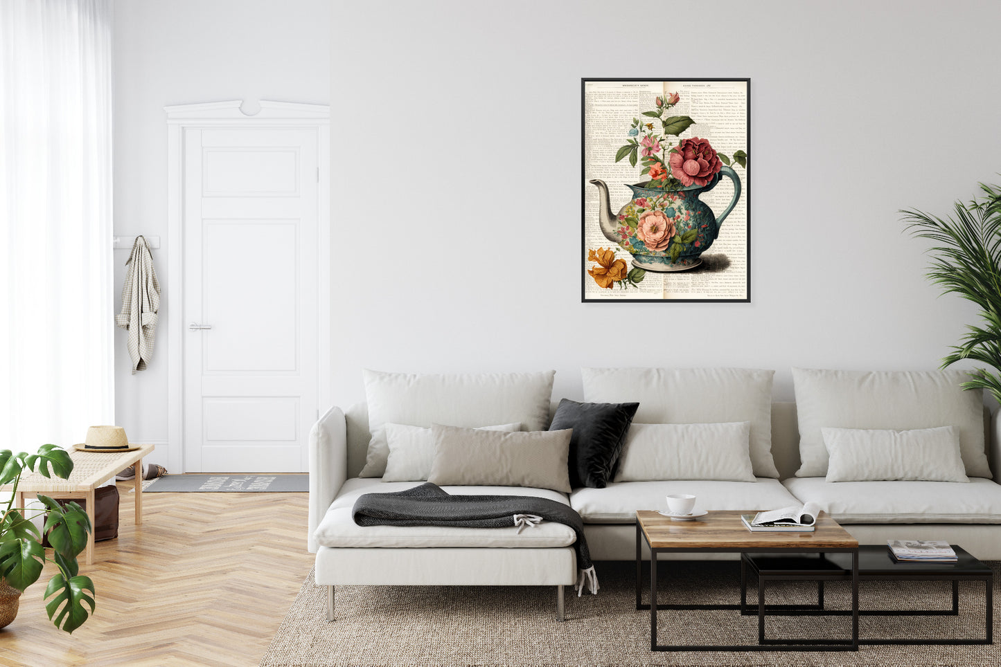 Poster Wasserkocher Mit Blumen Und Alter Zeitung Rahmen Holz Mit Passepartout Farbe Natürlich