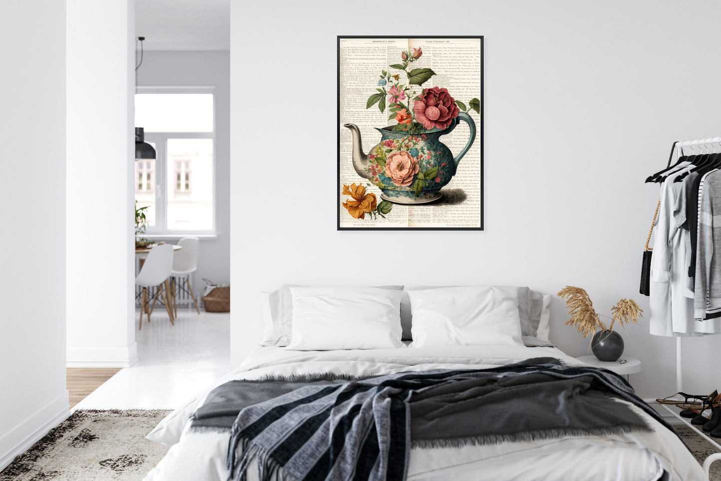 Poster Wasserkocher Mit Blumen Und Alter Zeitung Rahmen Holz Mit Passepartout Farbe Natürlich