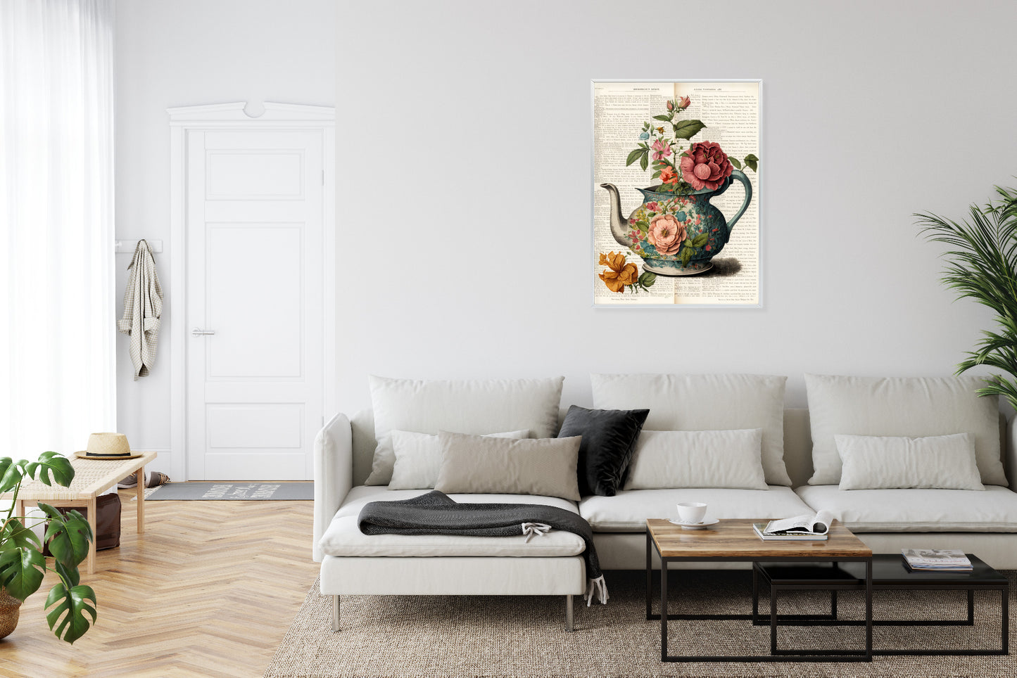 Poster Wasserkocher Mit Blumen Und Alter Zeitung Rahmen Holz Mit Passepartout Farbe Natürlich