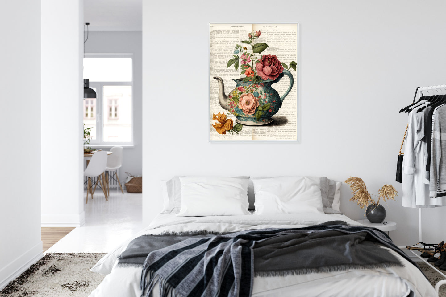 Poster Wasserkocher Mit Blumen Und Alter Zeitung Rahmen Holz Mit Passepartout Farbe Natürlich