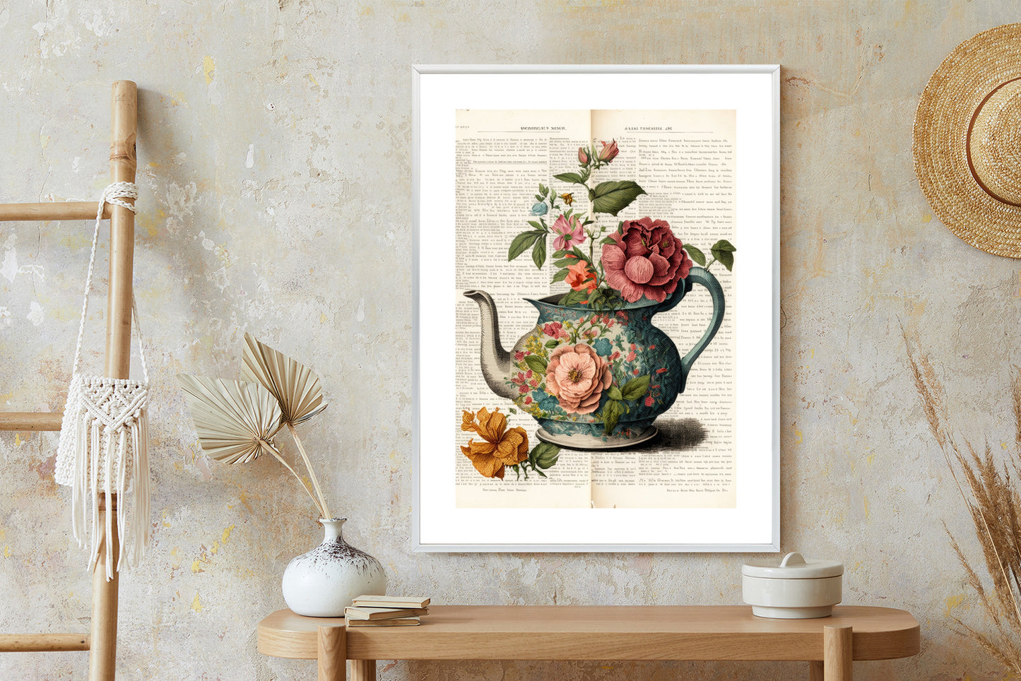 Poster Wasserkocher Mit Blumen Und Alter Zeitung Rahmen Holz Mit Passepartout Farbe Natürlich