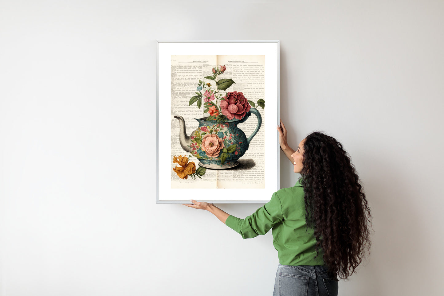 Poster Wasserkocher Mit Blumen Und Alter Zeitung Rahmen Holz Mit Passepartout Farbe Natürlich