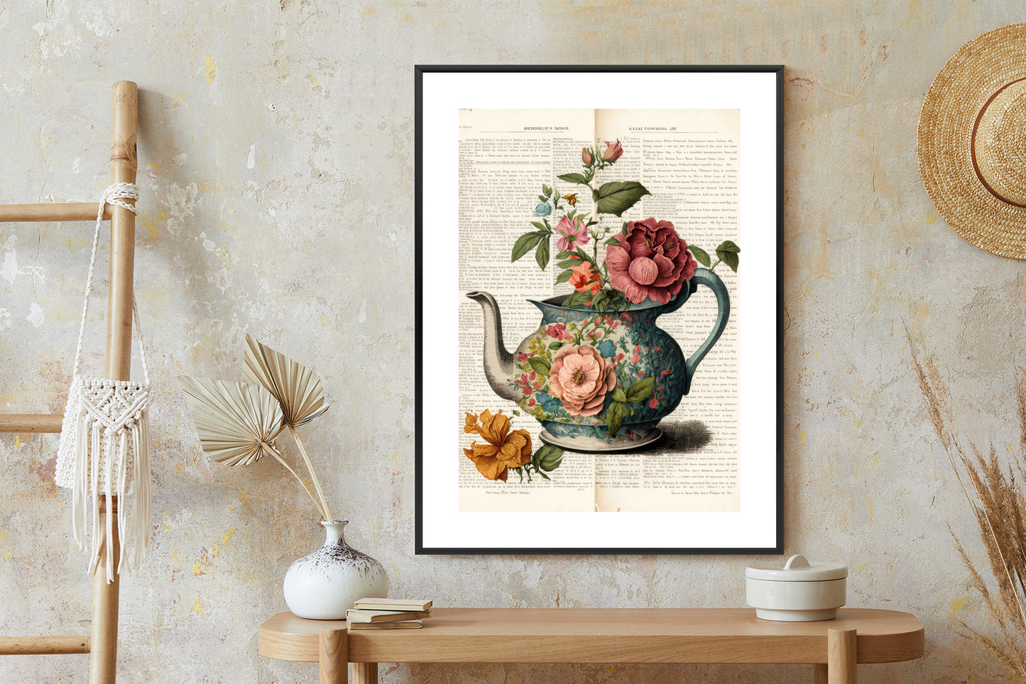 Poster Wasserkocher Mit Blumen Und Alter Zeitung Rahmen Holz Mit Passepartout Farbe Natürlich