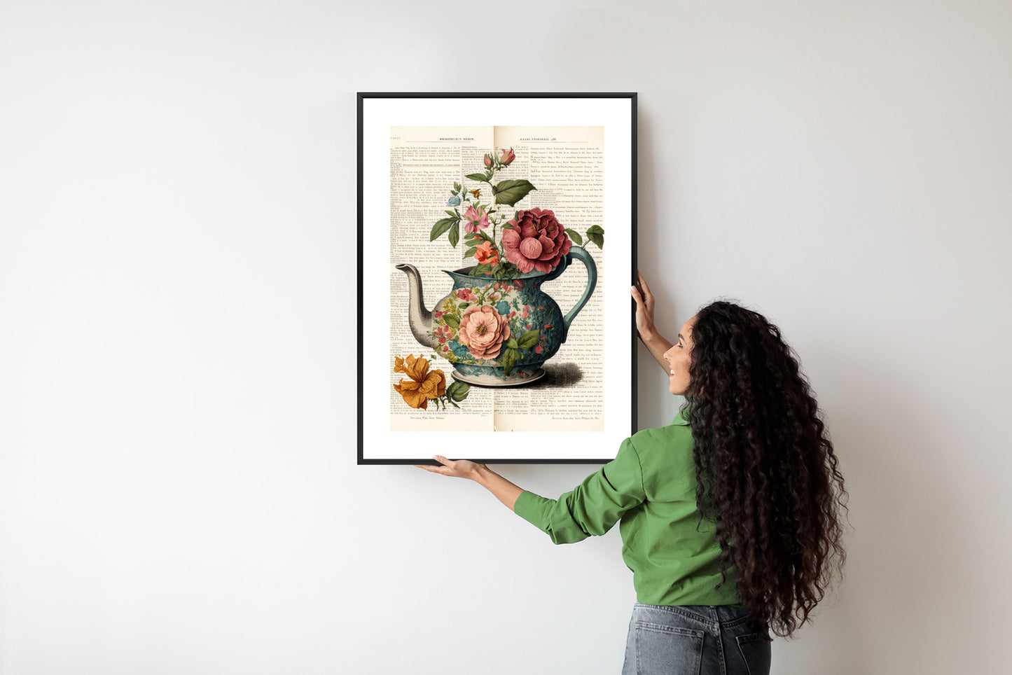 Poster Wasserkocher Mit Blumen Und Alter Zeitung Rahmen Holz Mit Passepartout Farbe Natürlich