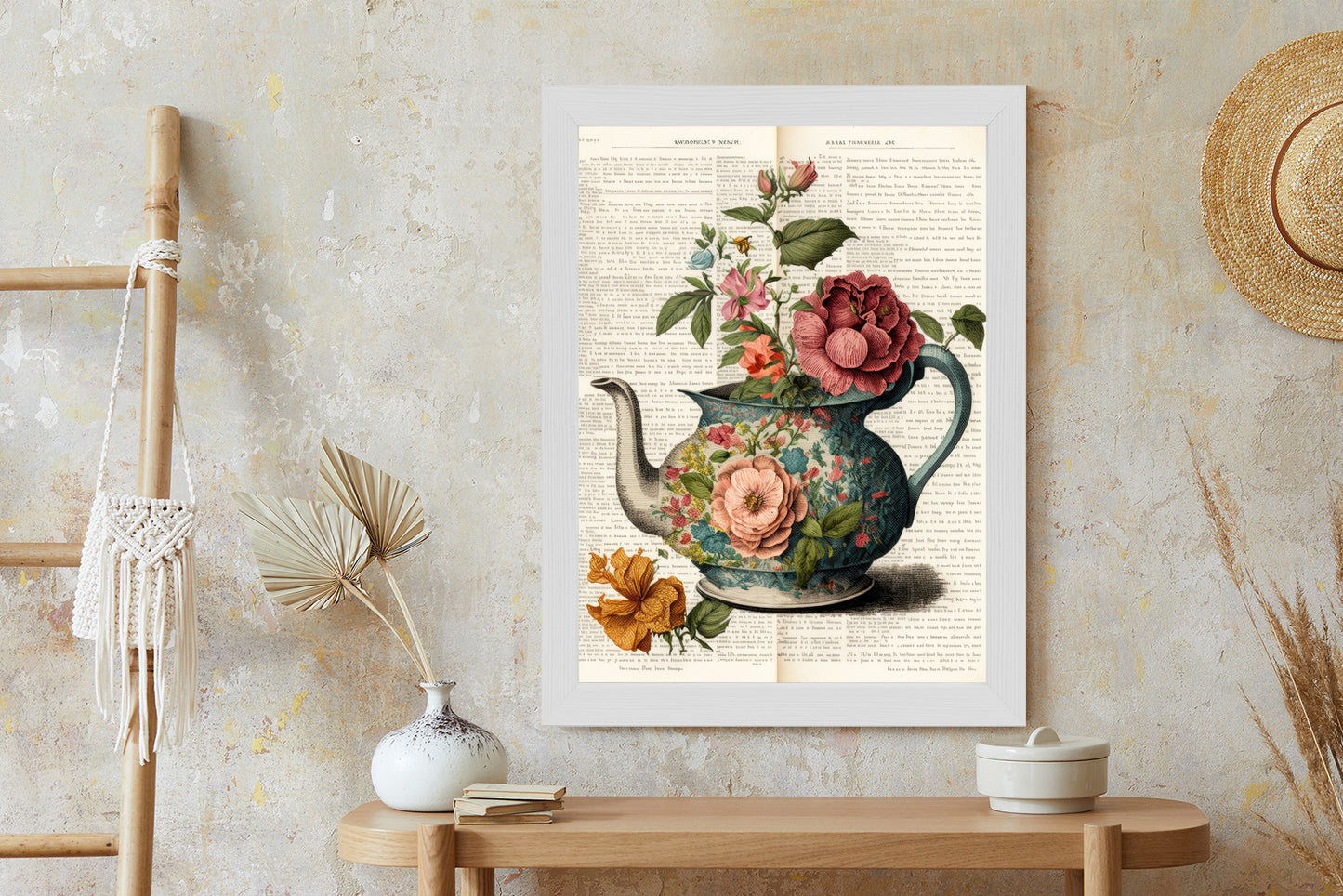 Poster Wasserkocher Mit Blumen Und Alter Zeitung Rahmen Holz Mit Passepartout Farbe Natürlich