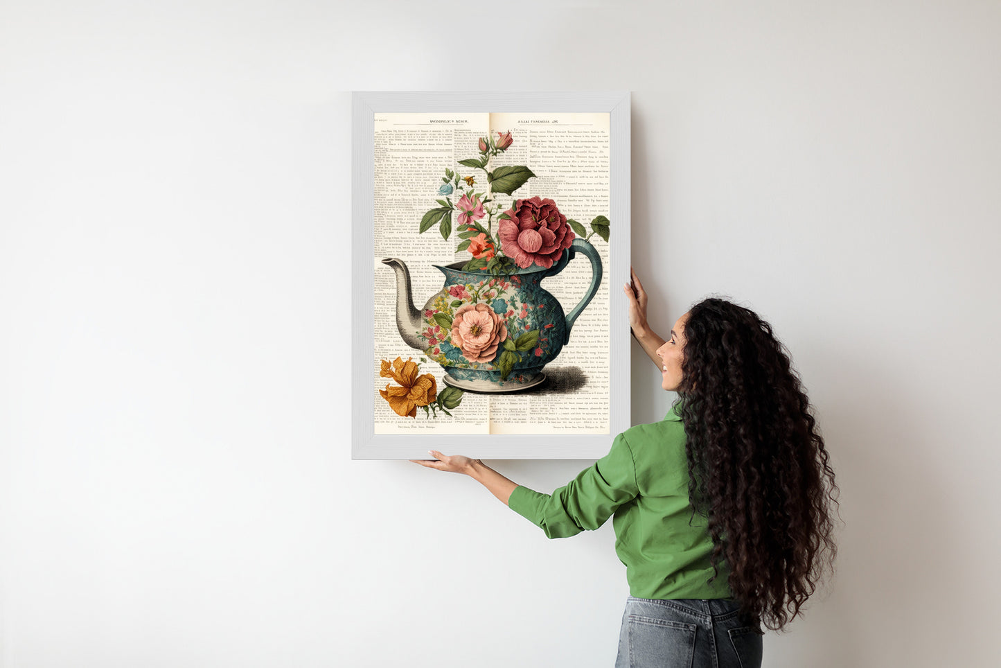 Poster Wasserkocher Mit Blumen Und Alter Zeitung Rahmen Holz Mit Passepartout Farbe Natürlich