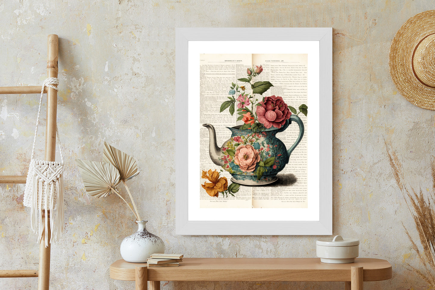 Poster Wasserkocher Mit Blumen Und Alter Zeitung Rahmen Holz Mit Passepartout Farbe Natürlich