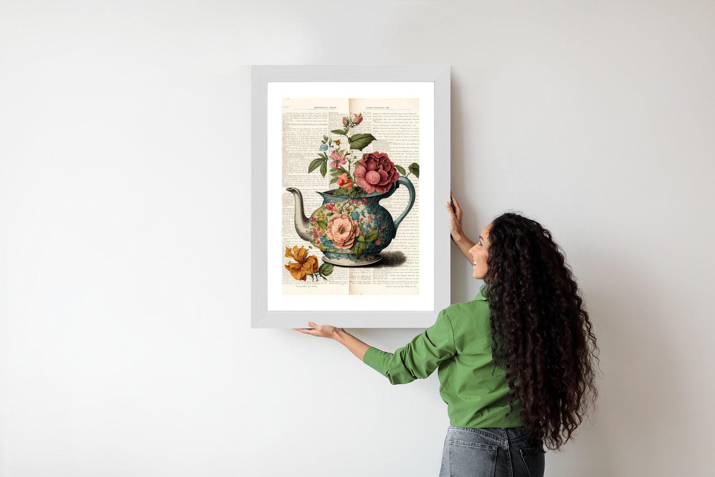Poster Wasserkocher Mit Blumen Und Alter Zeitung Rahmen Holz Mit Passepartout Farbe Natürlich
