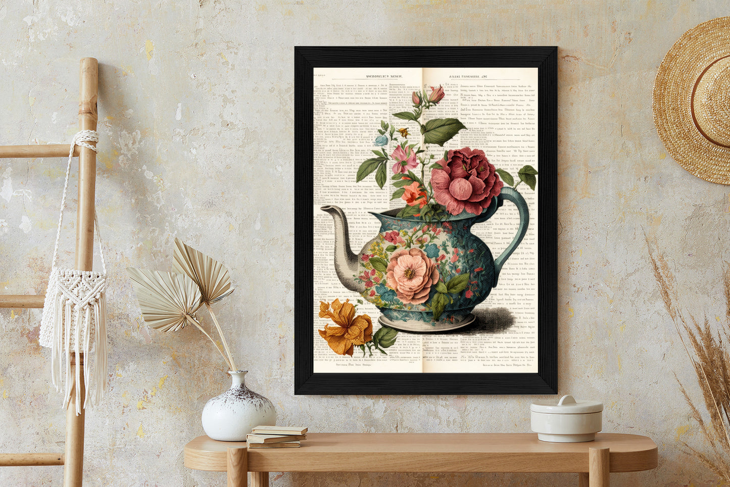 Poster Wasserkocher Mit Blumen Und Alter Zeitung Rahmen Holz Mit Passepartout Farbe Natürlich