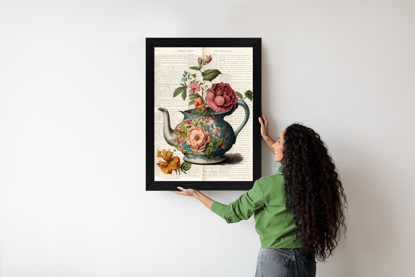 Poster Wasserkocher Mit Blumen Und Alter Zeitung Rahmen Holz Mit Passepartout Farbe Natürlich