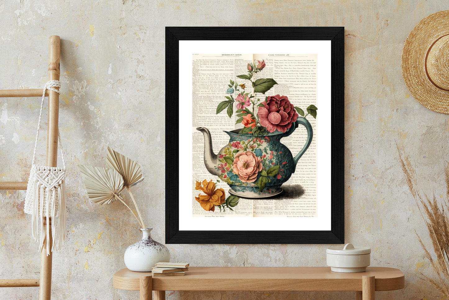 Poster Wasserkocher Mit Blumen Und Alter Zeitung Rahmen Holz Mit Passepartout Farbe Natürlich