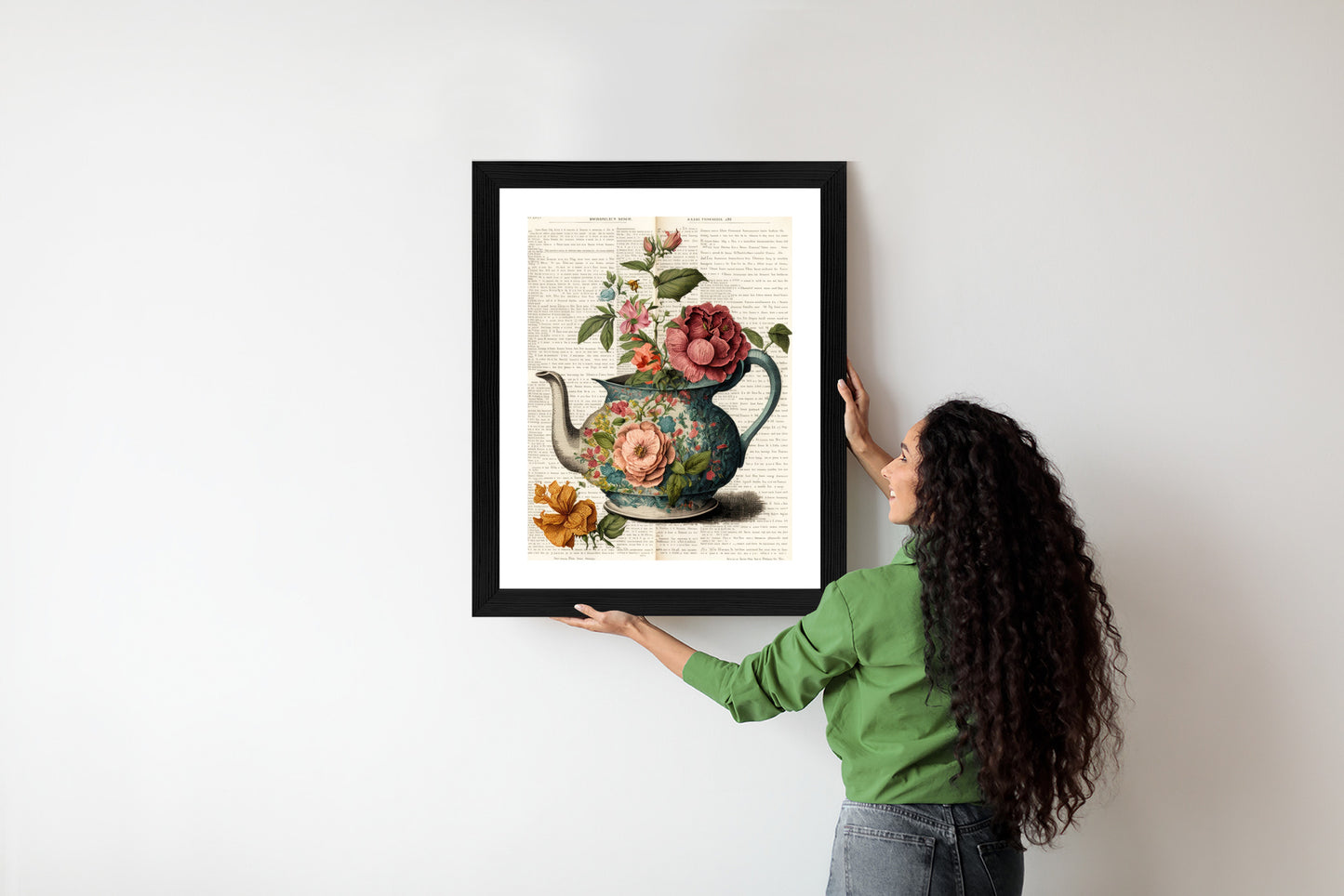 Poster Wasserkocher Mit Blumen Und Alter Zeitung Rahmen Holz Mit Passepartout Farbe Natürlich