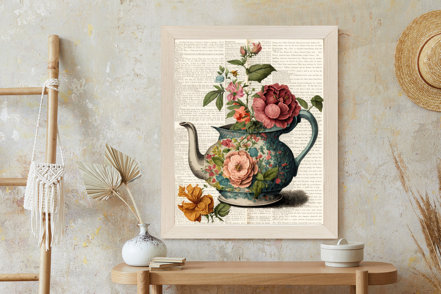 Poster Wasserkocher Mit Blumen Und Alter Zeitung Rahmen Holz Mit Passepartout Farbe Natürlich