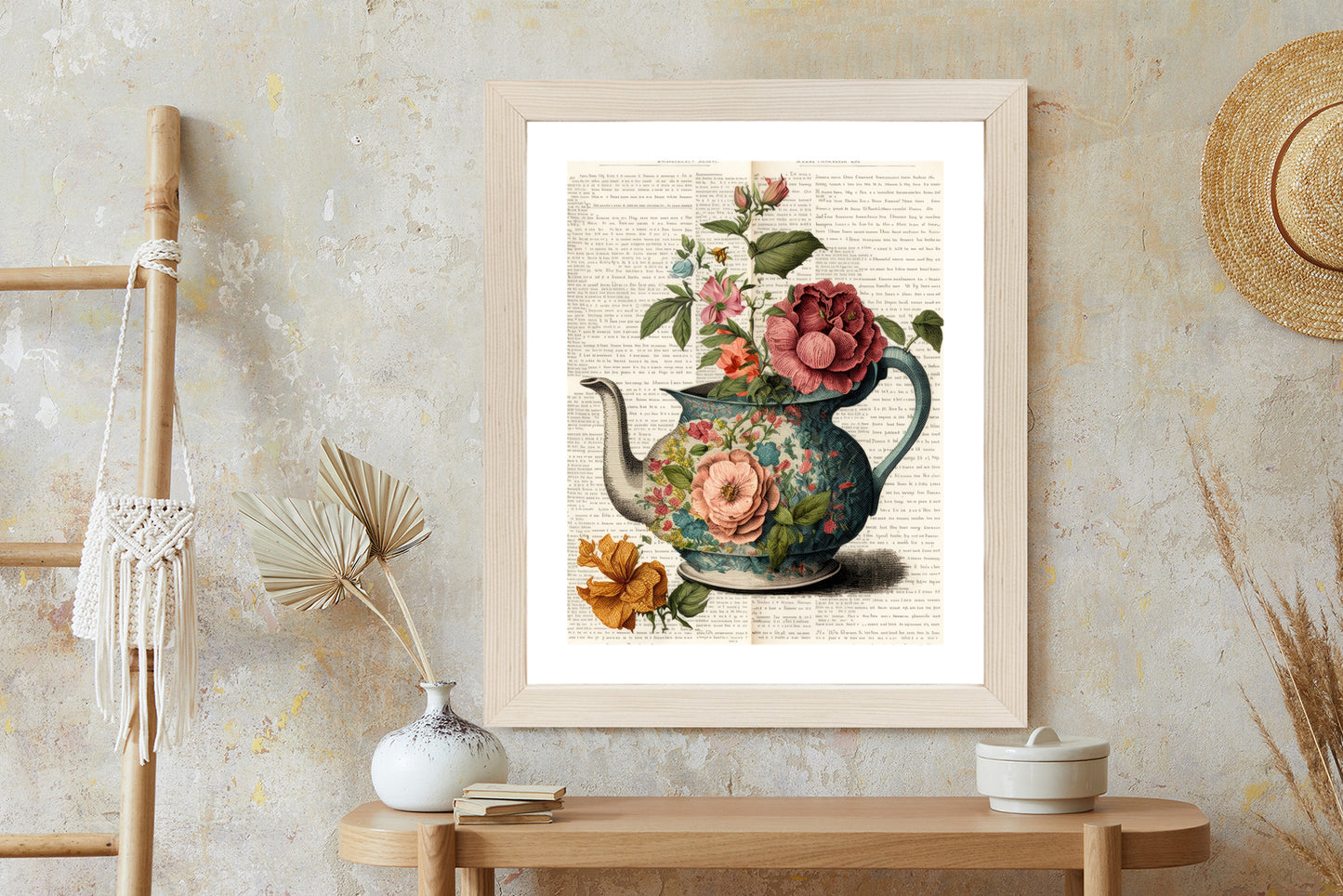 Poster Wasserkocher Mit Blumen Und Alter Zeitung Rahmen Holz Mit Passepartout Farbe Natürlich