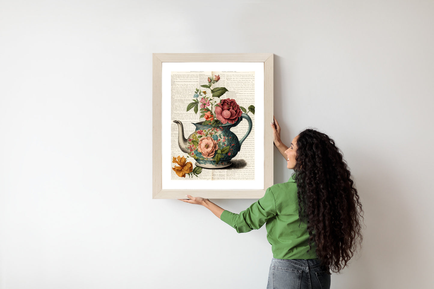 Poster Wasserkocher Mit Blumen Und Alter Zeitung Rahmen Holz Mit Passepartout Farbe Natürlich