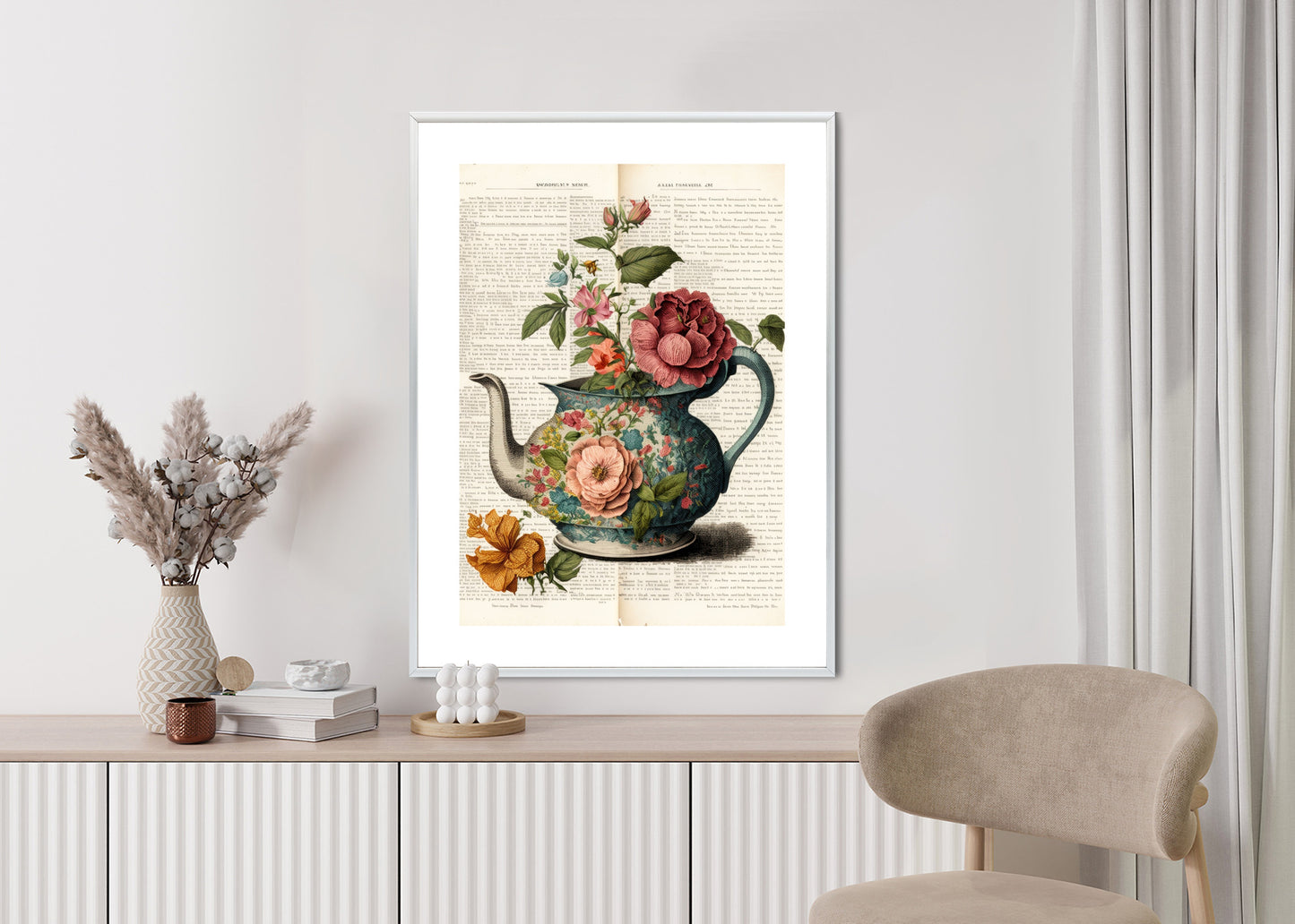 Poster Wasserkocher Mit Blumen Und Alter Zeitung Rahmen Holz Mit Passepartout Farbe Natürlich