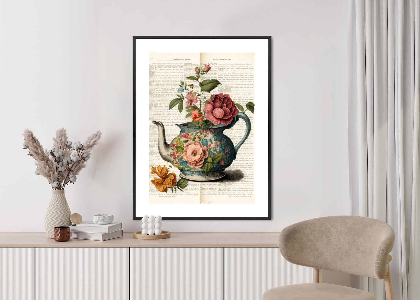 Poster Wasserkocher Mit Blumen Und Alter Zeitung Rahmen Holz Mit Passepartout Farbe Natürlich