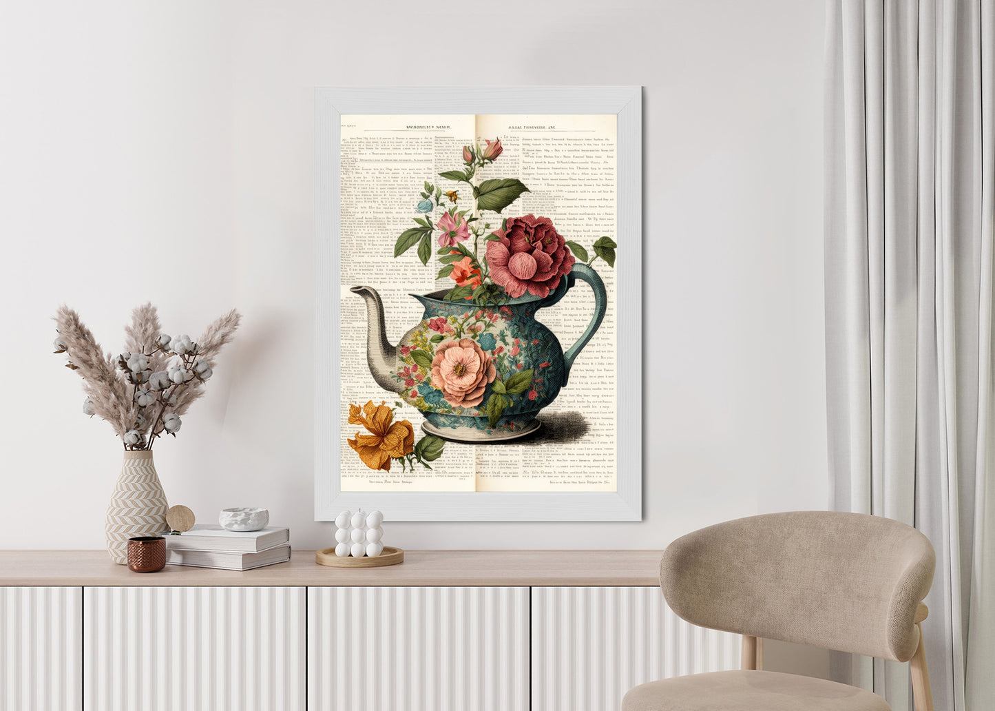 Poster Wasserkocher Mit Blumen Und Alter Zeitung Rahmen Holz Mit Passepartout Farbe Natürlich