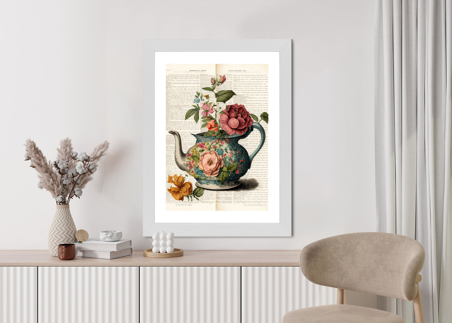 Poster Wasserkocher Mit Blumen Und Alter Zeitung Rahmen Holz Mit Passepartout Farbe Natürlich