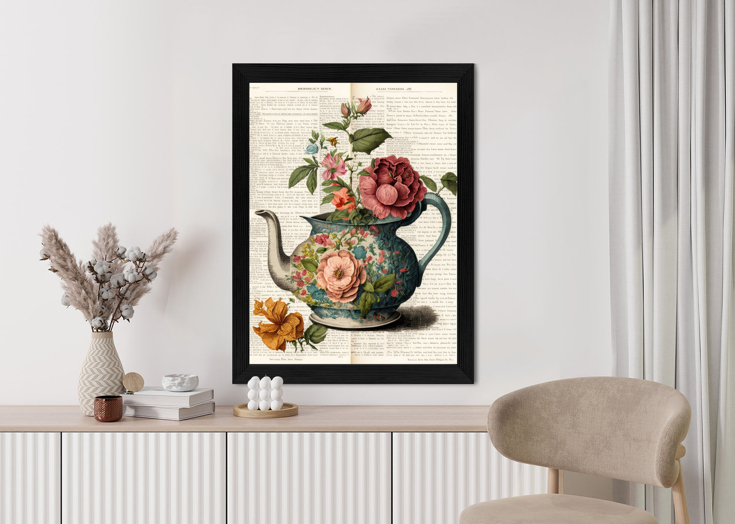 Poster Wasserkocher Mit Blumen Und Alter Zeitung Rahmen Holz Mit Passepartout Farbe Natürlich